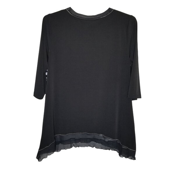 CJ Banks Sz 1X Shirt Artsy Fluid Jersey Stretch Sheer Ruffle Curved Hem Pullover - Picture 3 of 7